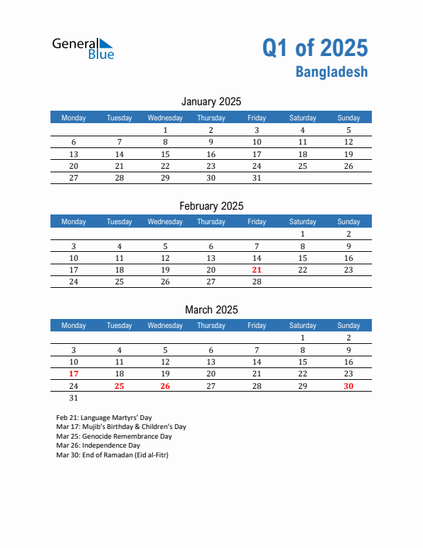 Bangladesh Q1 2025 Quarterly Calendar with Monday Start