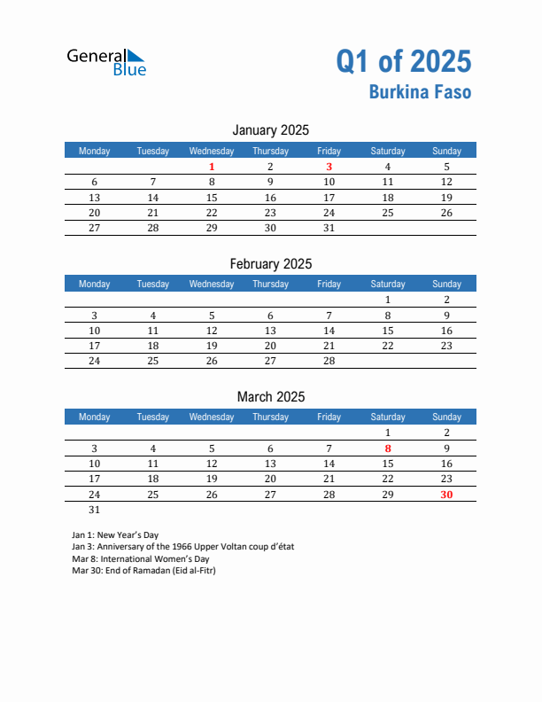 Burkina Faso Q1 2025 Quarterly Calendar with Monday Start