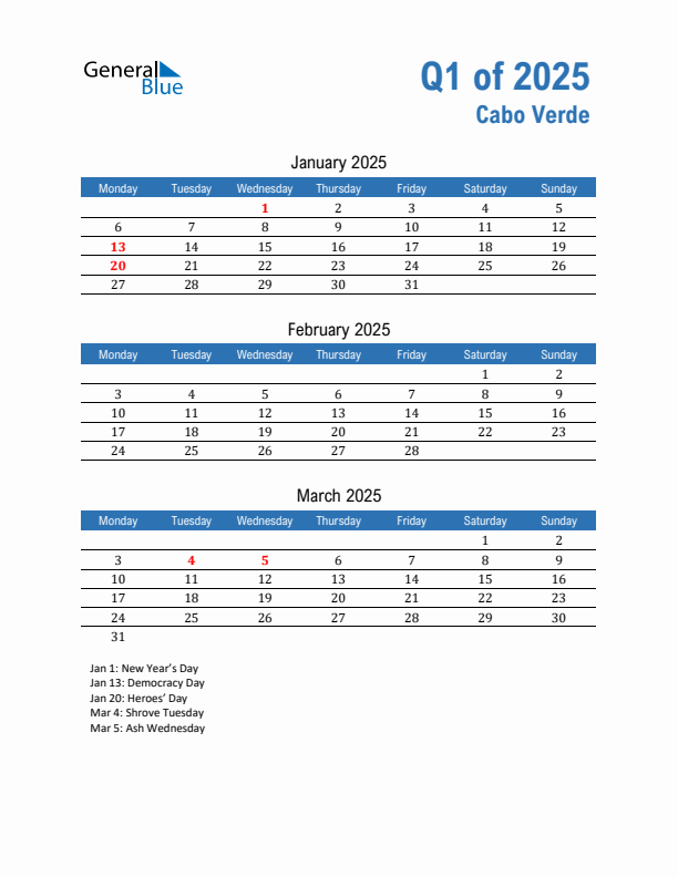 Cabo Verde Q1 2025 Quarterly Calendar with Monday Start