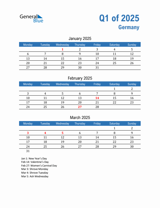 Germany Q1 2025 Quarterly Calendar with Monday Start