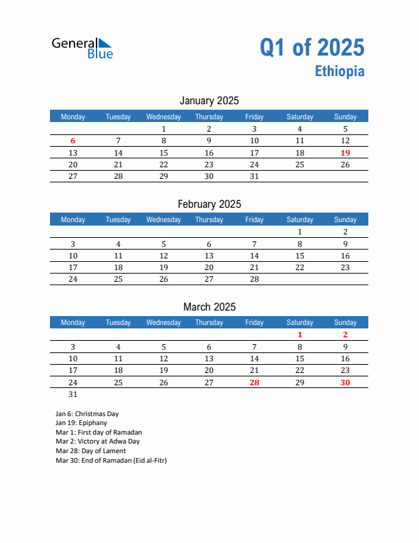 Ethiopia Q1 2025 Quarterly Calendar with Monday Start