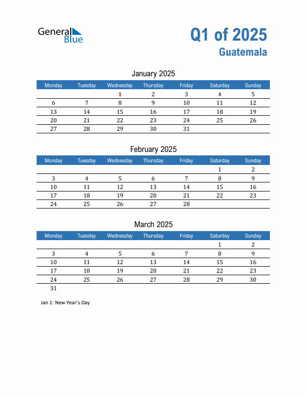 Guatemala Q1 2025 Quarterly Calendar with Monday Start