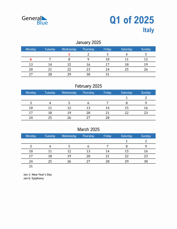 Italy Q1 2025 Quarterly Calendar with Monday Start