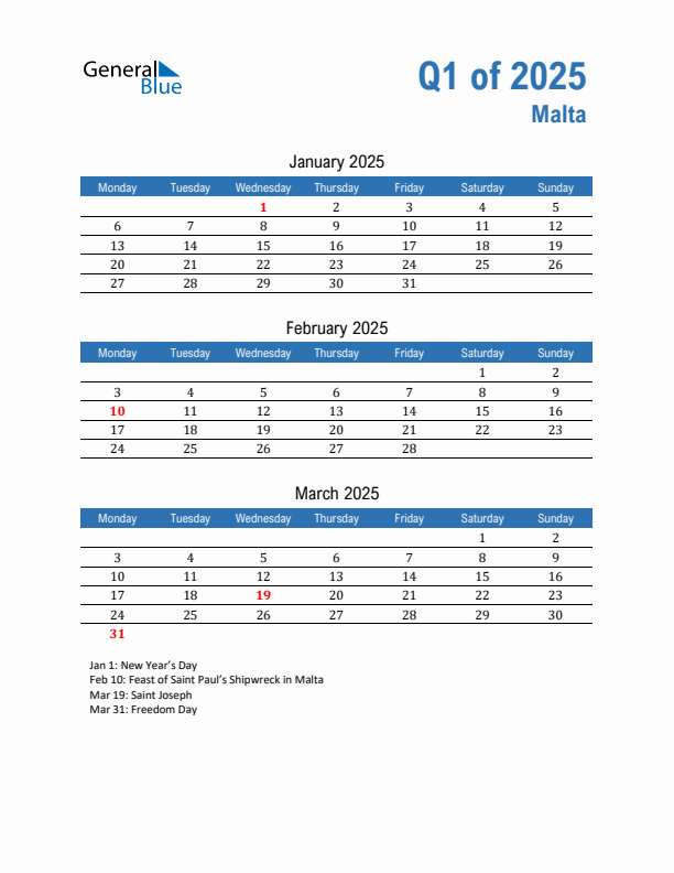 Malta Q1 2025 Quarterly Calendar with Monday Start