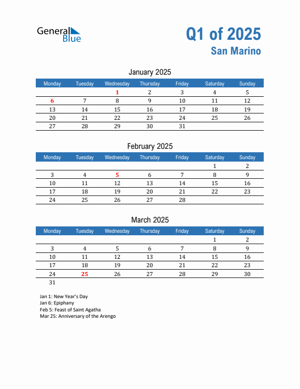 San Marino Q1 2025 Quarterly Calendar with Monday Start