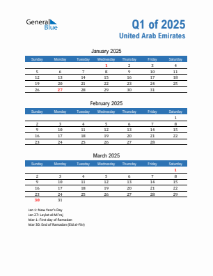 United Arab Emirates Quarter 1  2025 calendar template