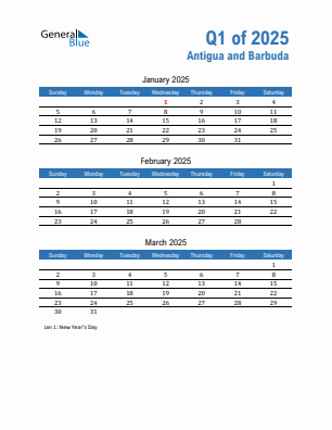 Antigua and Barbuda Quarter 1  2025 calendar template