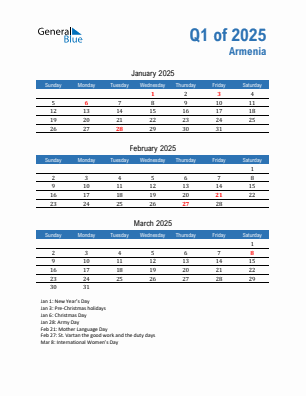 Armenia Quarter 1  2025 calendar template