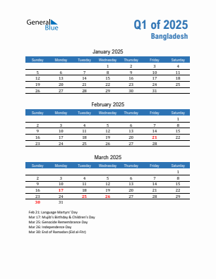 Bangladesh Quarter 1  2025 calendar template