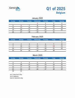 Belgium Quarter 1  2025 calendar template