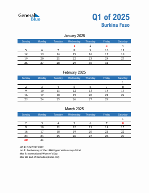 Burkina Faso Quarter 1  2025 calendar template