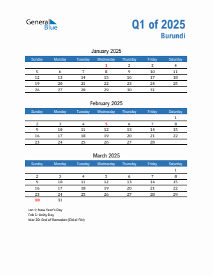 Burundi Quarter 1  2025 calendar template