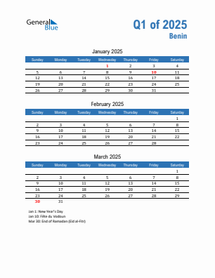 Benin Quarter 1  2025 calendar template