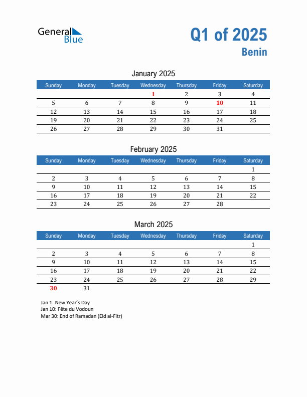 Benin Q1 2025 Quarterly Calendar with Sunday Start