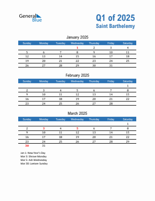 Saint Barthelemy Quarter 1  2025 calendar template