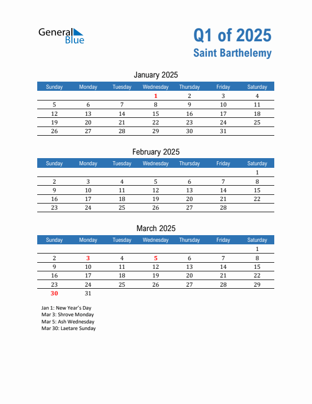 Saint Barthelemy Q1 2025 Quarterly Calendar with Sunday Start