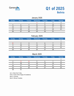 Bolivia Quarter 1  2025 calendar template