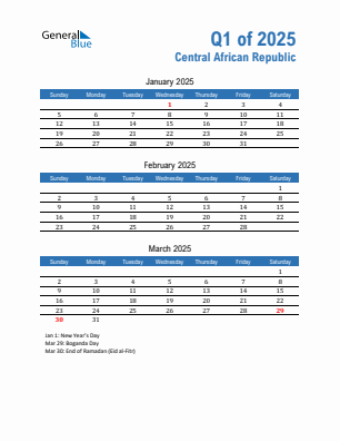 Central African Republic Quarter 1  2025 calendar template