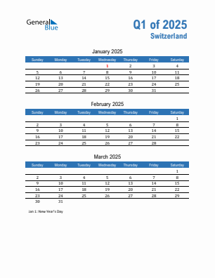 Switzerland Quarter 1  2025 calendar template