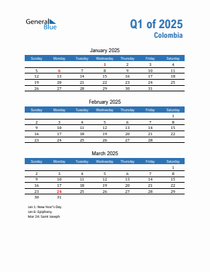 Colombia Quarter 1  2025 calendar template