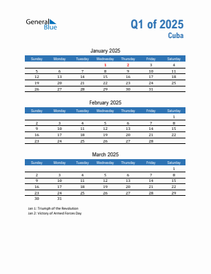 Cuba Quarter 1  2025 calendar template