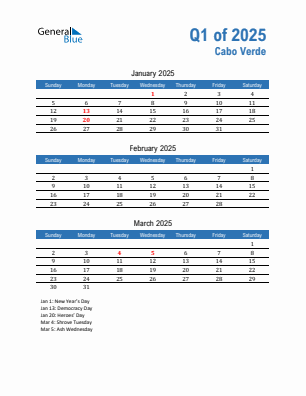 Cabo Verde Quarter 1  2025 calendar template