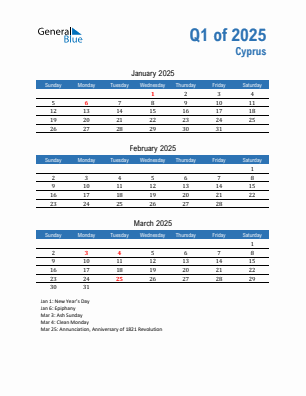 Cyprus Quarter 1  2025 calendar template