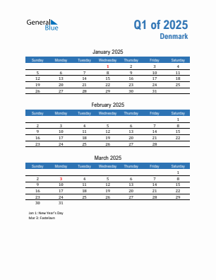 Denmark Quarter 1  2025 calendar template