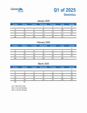 Dominica Quarter 1  2025 calendar template