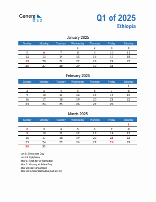 Ethiopia Quarter 1  2025 calendar template