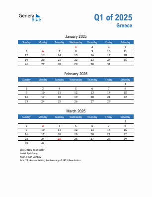 Greece Quarter 1  2025 calendar template