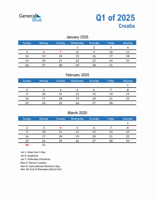 Croatia Quarter 1  2025 calendar template