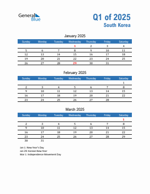 South Korea Quarter 1  2025 calendar template