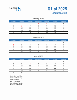 Liechtenstein Quarter 1  2025 calendar template