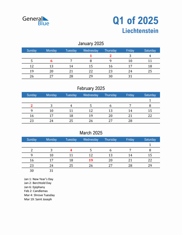 Liechtenstein Q1 2025 Quarterly Calendar with Sunday Start