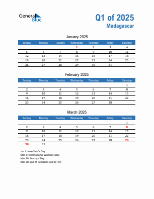 Madagascar Quarter 1  2025 calendar template