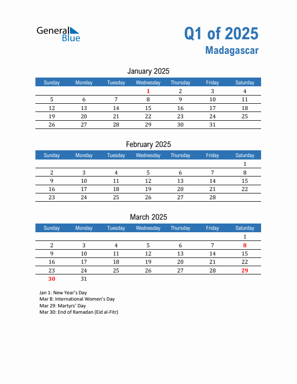 Madagascar Q1 2025 Quarterly Calendar with Sunday Start