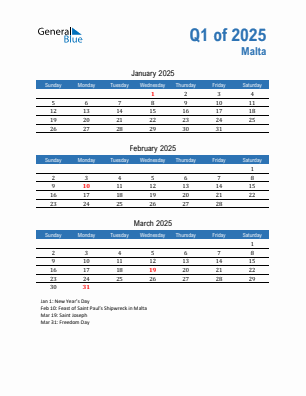 Malta Quarter 1  2025 calendar template