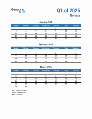 Norway Quarter 1  2025 calendar template