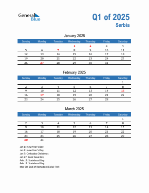 Serbia Quarter 1  2025 calendar template