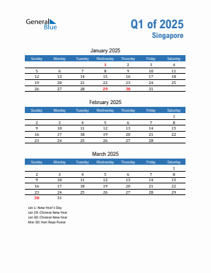 Singapore Quarter 1  2025 calendar template