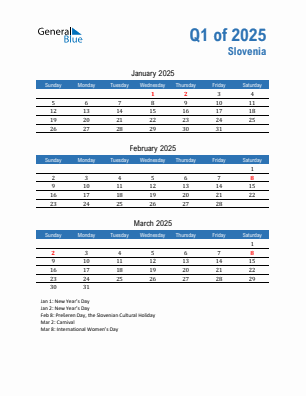 Slovenia Quarter 1  2025 calendar template