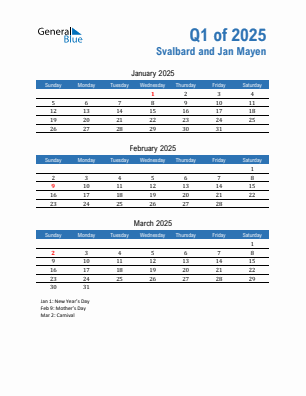 Svalbard and Jan Mayen Quarter 1  2025 calendar template