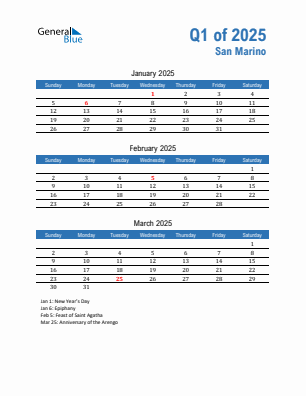 San Marino Quarter 1  2025 calendar template