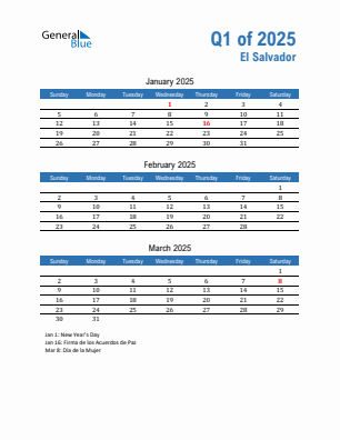 El Salvador Quarter 1  2025 calendar template