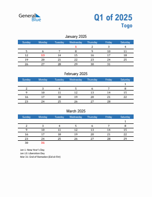 Togo Quarter 1  2025 calendar template