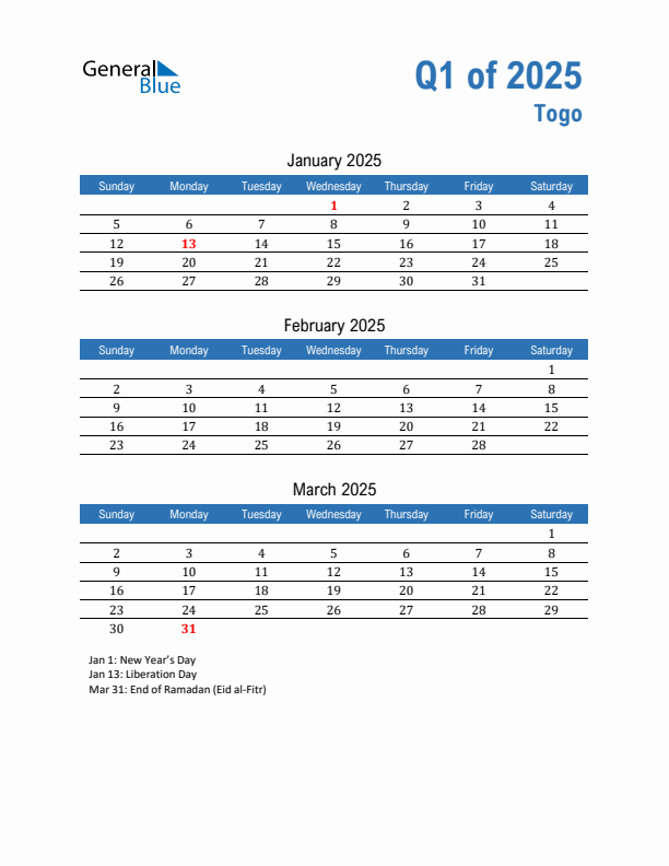 Togo Q1 2025 Quarterly Calendar with Sunday Start