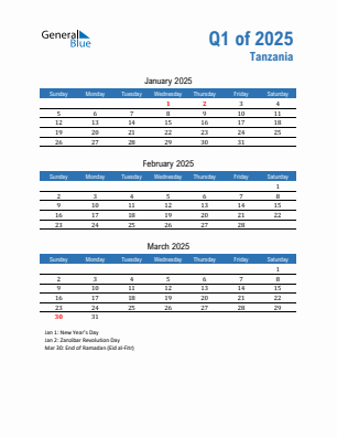 Tanzania Quarter 1  2025 calendar template