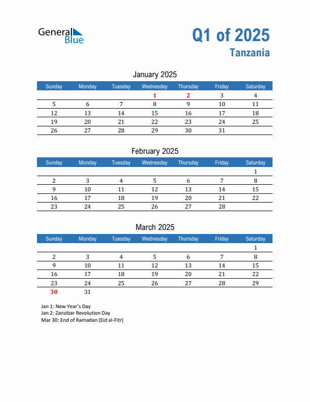 Tanzania Q1 2025 Quarterly Calendar with Sunday Start