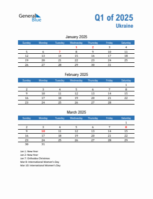 Ukraine Quarter 1  2025 calendar template